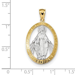 14k Yellow Gold and Rhodium Blessed Virgin Mary Miraculous Medal Oval Pendant Charm