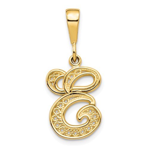 14k yellow gold initial letter e cursive script alphabet filigree pendant charm