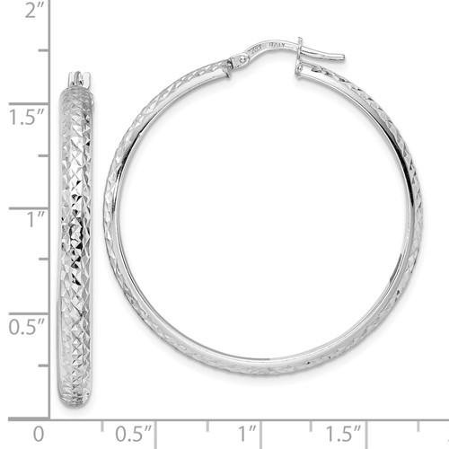14k White Gold 43mm x 4mm Diamond Cut Round Hoop Earrings