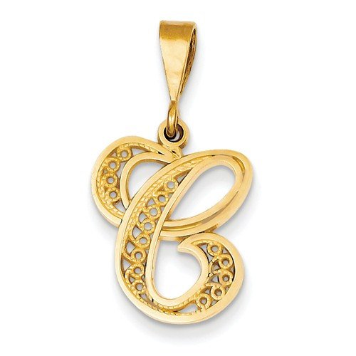 14k yellow gold initial letter c cursive script alphabet filigree pendant charm