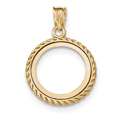 14K Yellow Gold 1/10 oz or One Tenth Ounce American Eagle Coin Holder Polished Rope Prong Bezel Pendant Charm for 16.5mm x 1.3mm Coins
