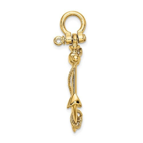 14k Yellow Gold Anchor Rope Long T Bar Shackle 3D Pendant Charm