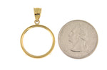 Załaduj obraz do przeglądarki galerii, 14K Yellow Gold Holds 20mm x 1.7mm Coins or Canadian 1/4 oz Ounce Maple Leaf Coin Holder Tab Back Frame Pendant
