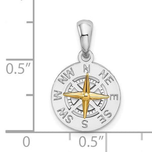 Sterling Silver and 14k Yellow Gold Nautical Compass Medallion Small Pendant Charm