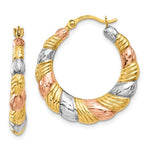Lade das Bild in den Galerie-Viewer, 14k Yellow Rose Gold and Rhodium Tri Color Scalloped Twisted Round Hoop Earrings
