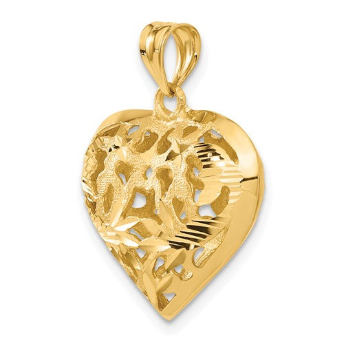 14k Yellow Gold Puffy Heart Cage 3D Hollow Pendant Charm