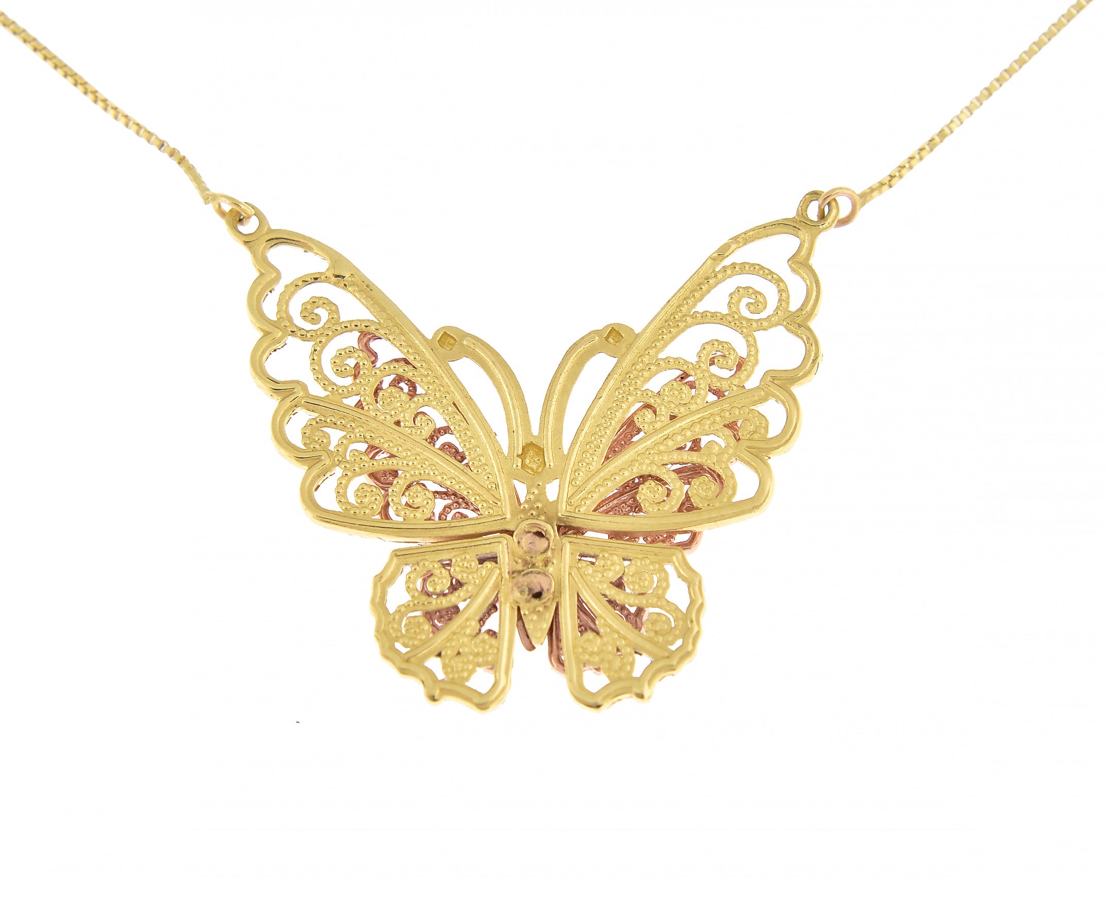14k Gold Tri Color Butterfly Necklace 18 inches Back