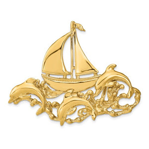 14k Yellow Gold Sailboat Dolphins Chain Slide Extra Large Pendant Charm