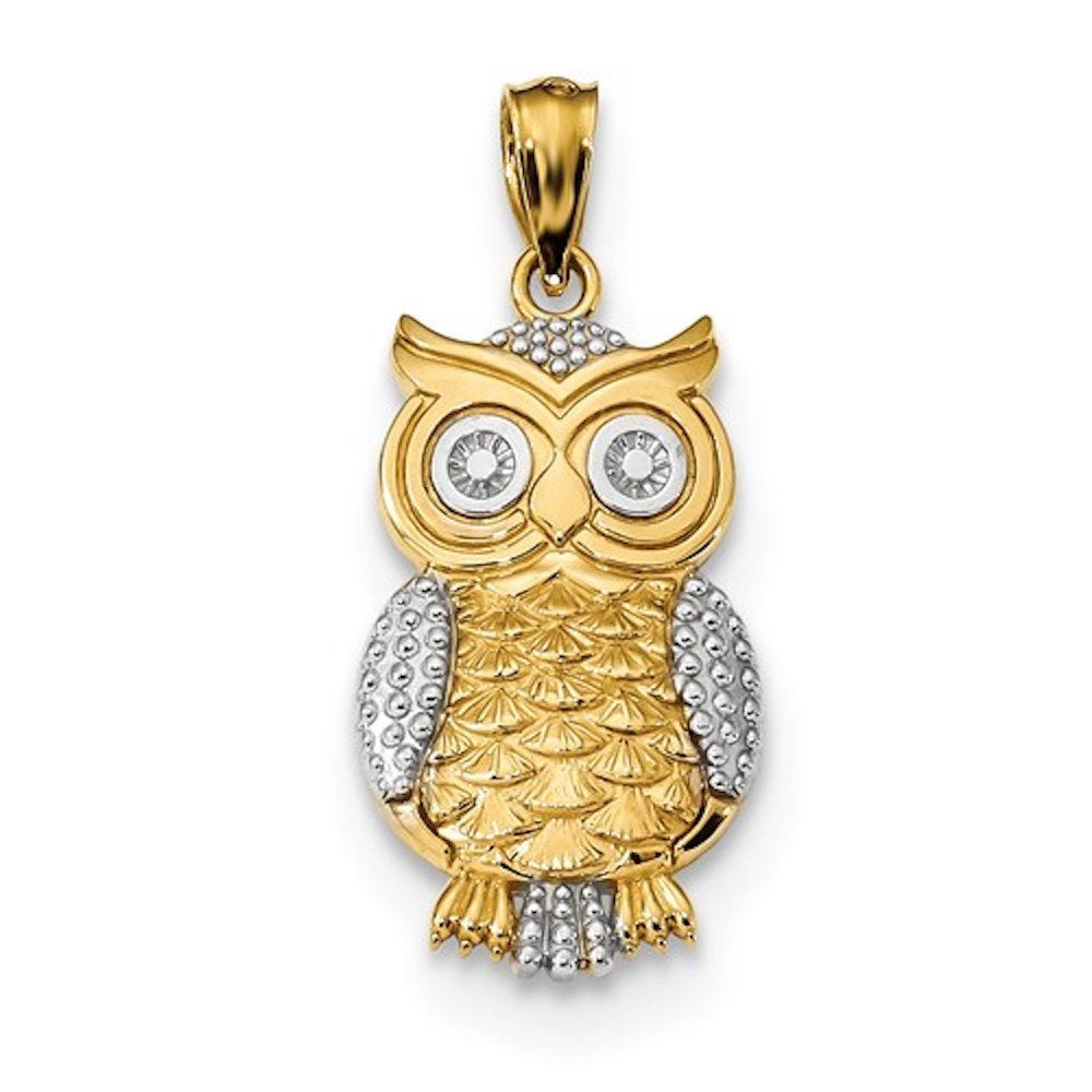 14k Yellow Gold and Rhodium Owl Pendant Charm