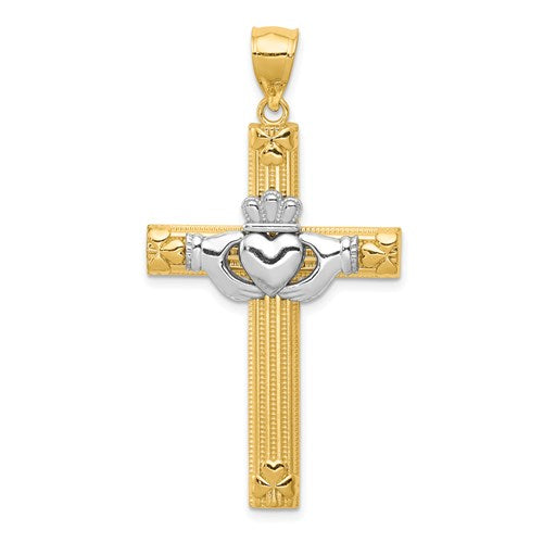 14k Gold Two Tone Claddagh Celtic Cross Pendant Charm