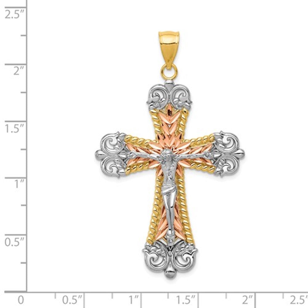 14k Gold Tri Color Cross Crucifix Large Pendant Charm