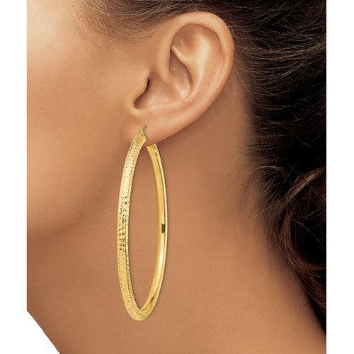 14K Yellow Gold Diamond Cut Round Hoop Earrings 70mm x 4mm