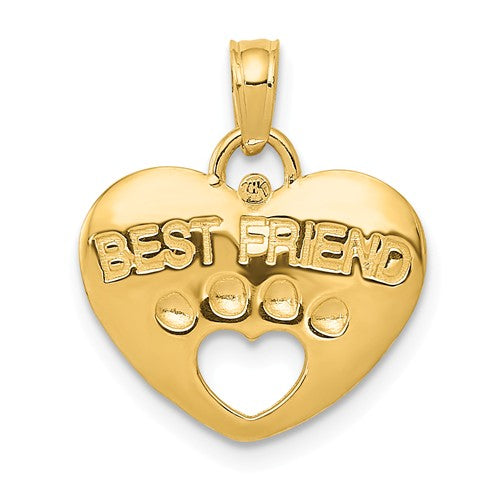 14k Yellow Gold Best Friend Paw Print Dog Puppy Heart Pendant Charm
