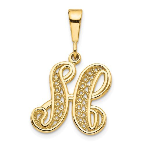 14k yellow gold initial letter h cursive script alphabet filigree pendant charm