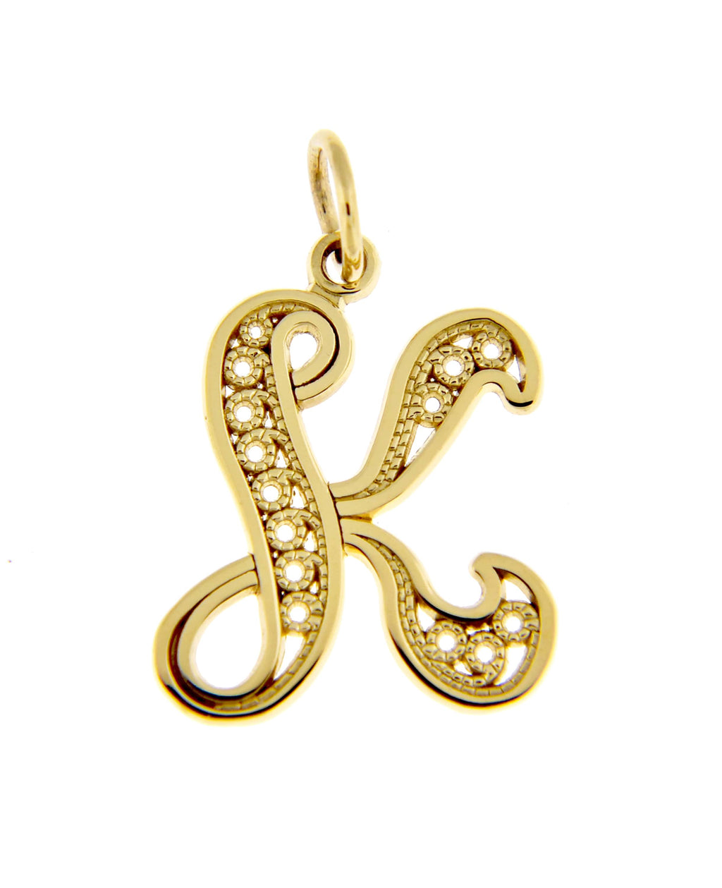 14k yellow gold initial letter k cursive script alphabet filigree pendant charm