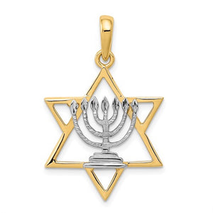 14k Yellow Gold and Rhodium Star of David Menorah Pendant Charm