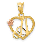 Charger l&#39;image dans la galerie, 14k Yellow Rose Gold Letter A Initial Alphabet Heart Pendant Charm
