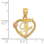Afbeelding in Gallery-weergave laden, 14k Yellow Rose Gold Letter F Initial Alphabet Heart Pendant Charm
