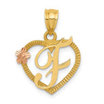 Afbeelding in Gallery-weergave laden, 14k Yellow Rose Gold Letter F Initial Alphabet Heart Pendant Charm
