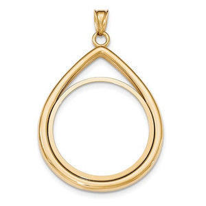 14K Yellow Gold 1 oz One Ounce American Eagle Teardrop Coin Holder Prong Bezel Pendant Charm for 32.6mm x 2.8mm Coins