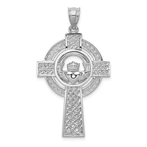 14k White Gold Celtic Claddagh Cross Pendant Charm