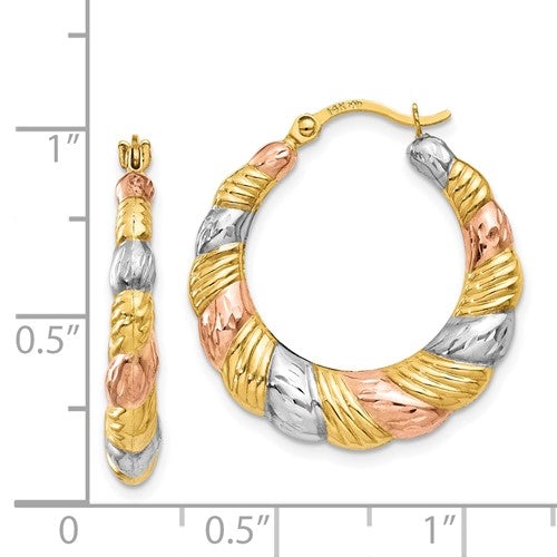 14k Yellow Rose Gold and Rhodium Tri Color Scalloped Twisted Round Hoop Earrings