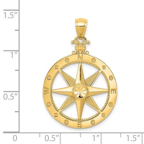 14k Yellow Gold Diamond Cut Nautical Compass Medallion Pendant Charm