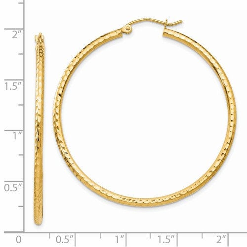 14K Yellow Gold Diamond Cut Round Hoop Textured Earrings 45mm x 2mm