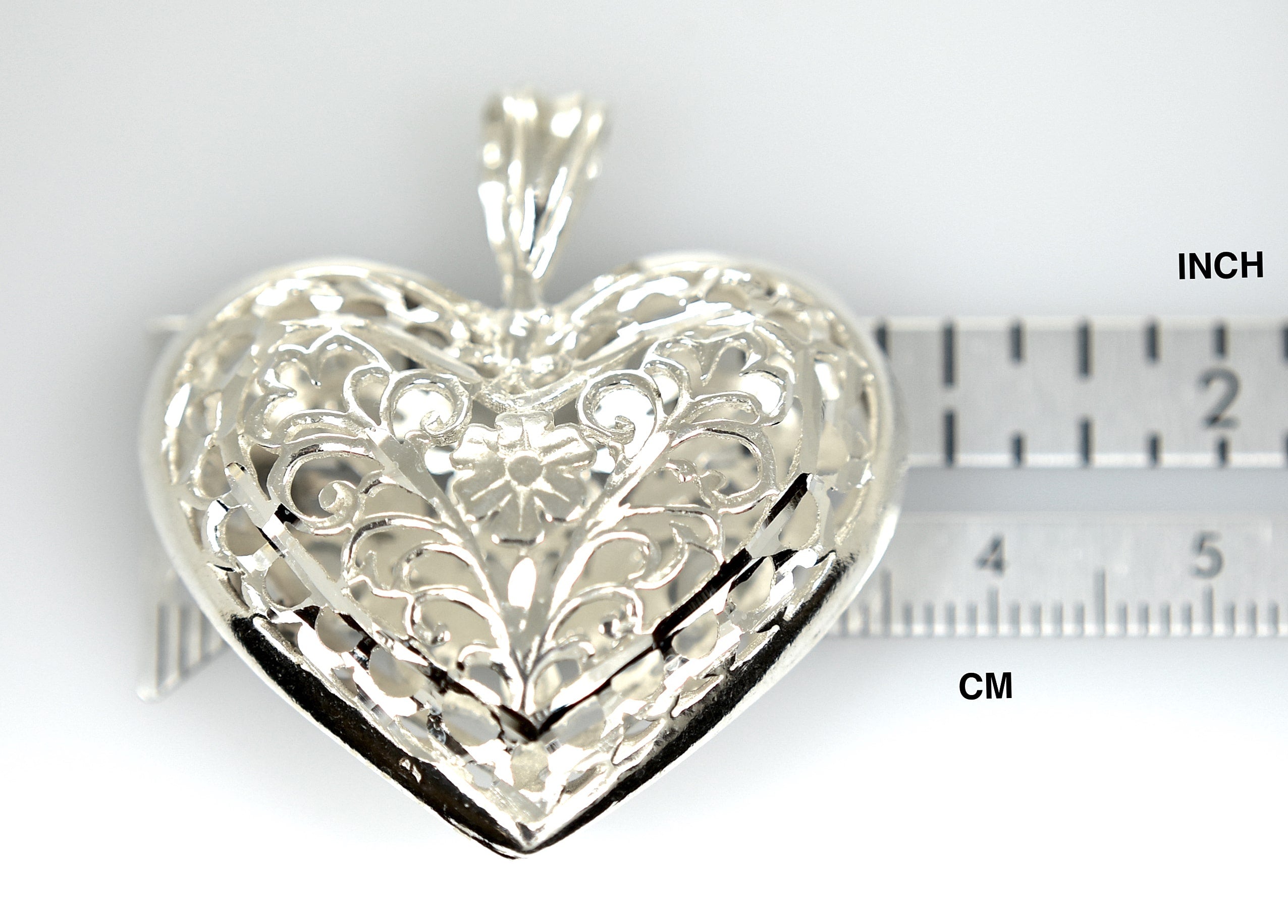 Sterling Silver Puffy Filigree Heart 3D Large Pendant Charm