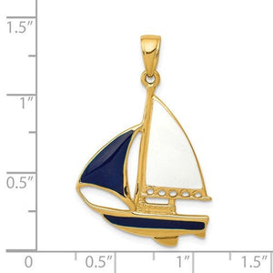 14k Yellow Gold Enamel Blue White Sailboat Pendant Charm