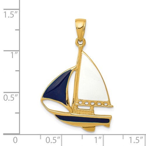 Afbeelding in Gallery-weergave laden, 14k yellow gold enamel blue white sailboat pendant charm