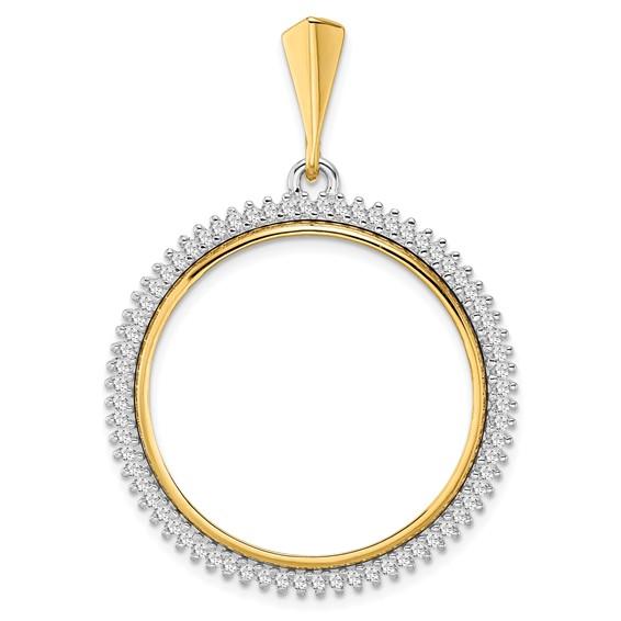 14K Gold Two Tone Diamond Coin Holder for 27mm Coins or 1/2 oz American Eagle US $10 Dollar Liberty Indian 1/2 oz Panda Coin Bezel Prong Pendant Charm