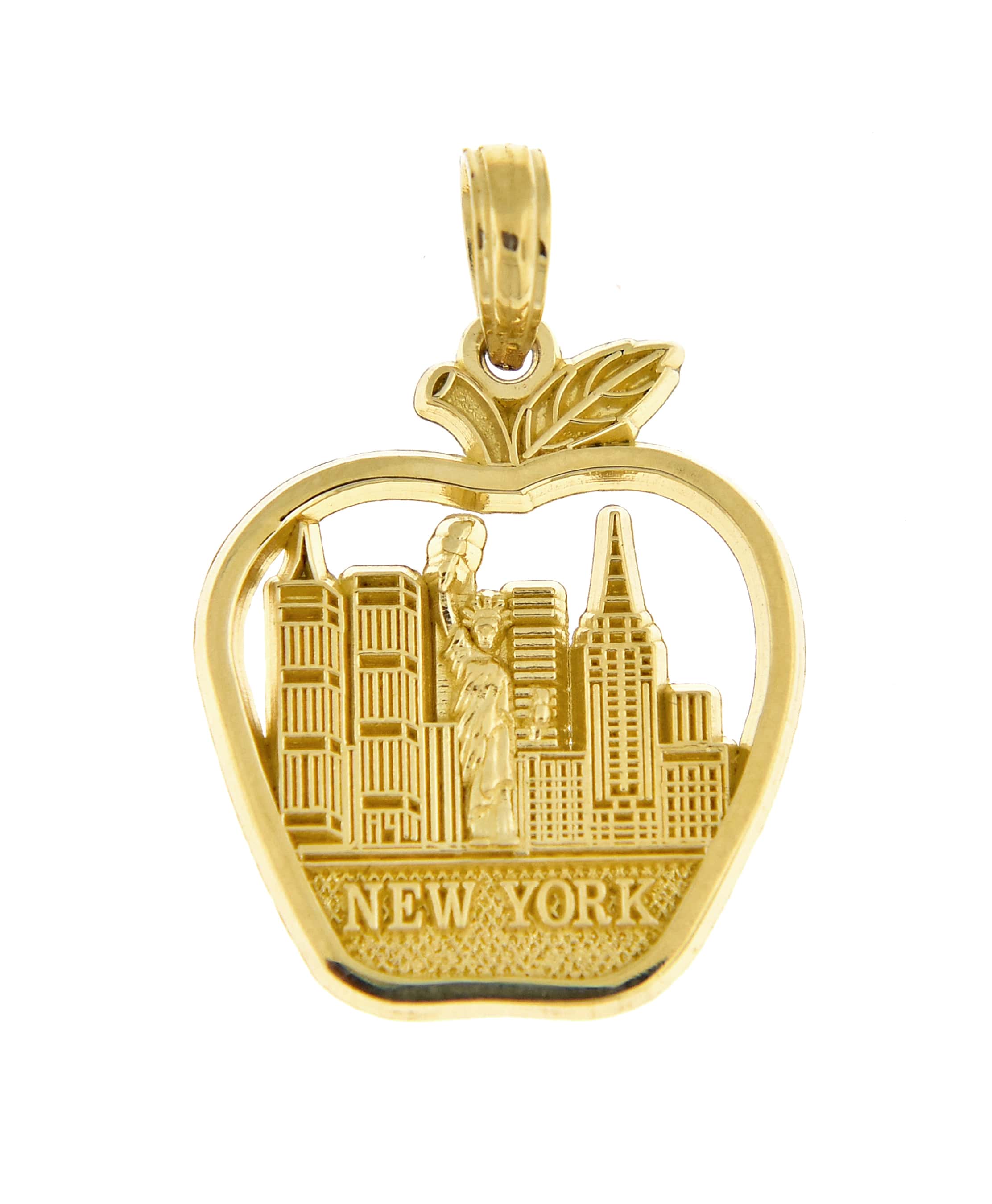 14K Yellow Gold New York City Skyline NY Statue of Liberty Big Apple Pendant Charm