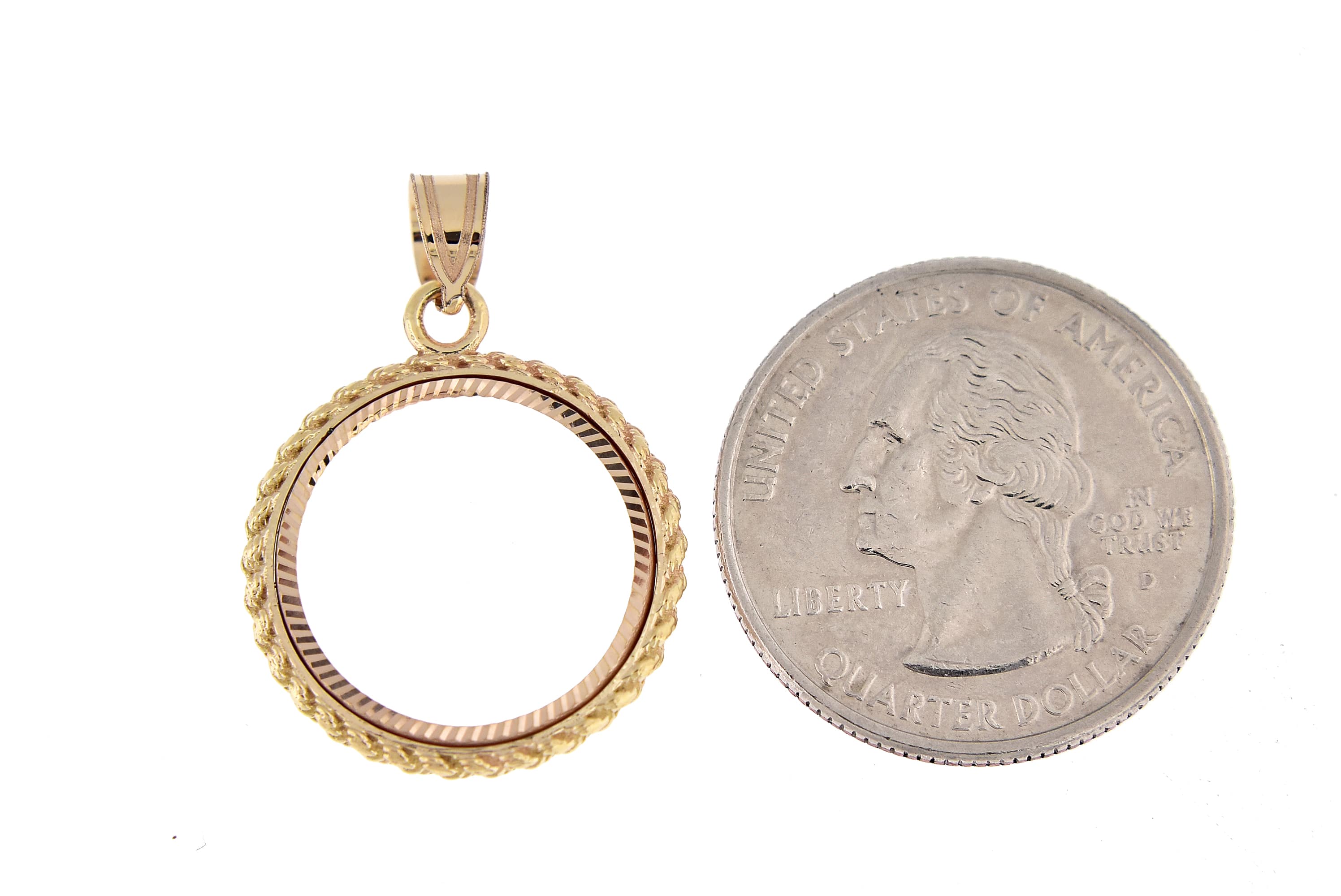 14K Yellow Gold 1/10 oz One Tenth Ounce American Eagle Coin Holder Bezel Rope Edge Diamond Cut Prong Pendant Charm Holds 16.5mm x 1.3mm Coins