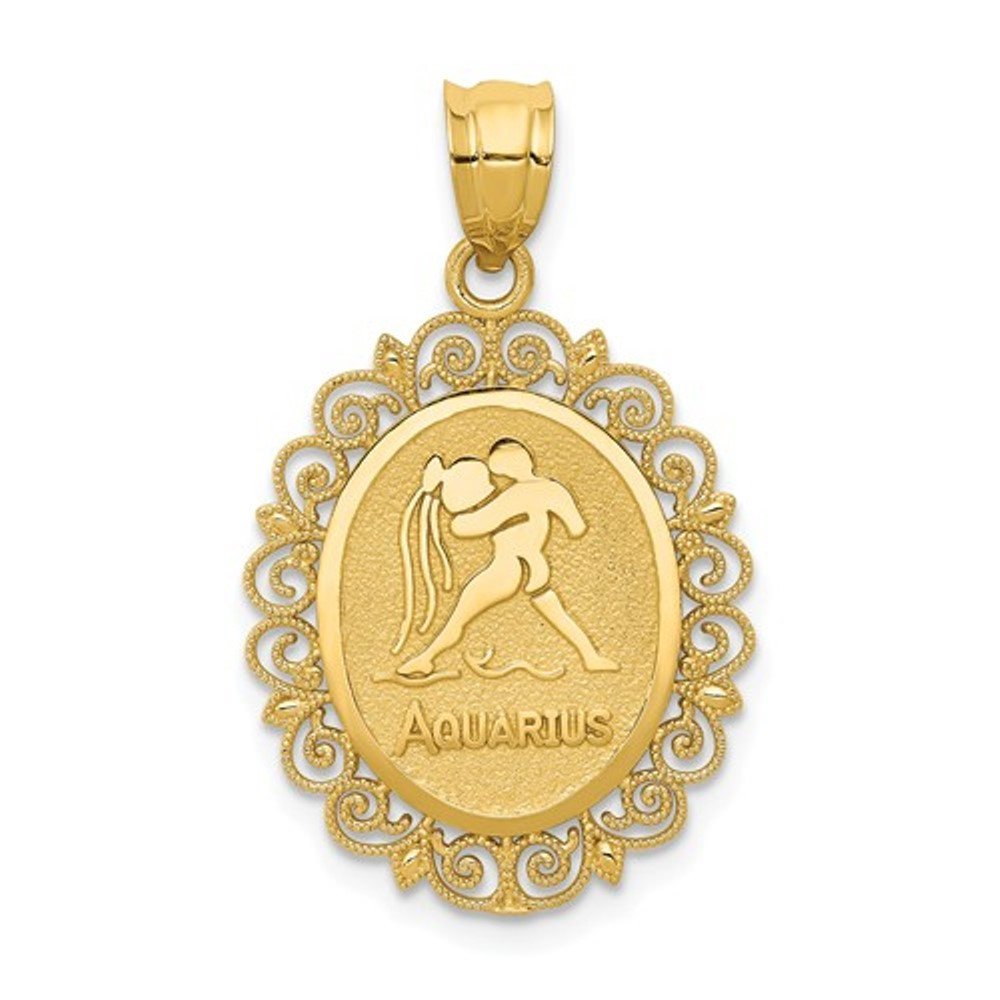 14k Yellow Gold Aquarius Zodiac Horoscope Oval Pendant Charm - [cklinternational]