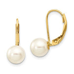 Lataa kuva Galleria-katseluun, 14K Yellow Gold White Round 7-8mm Saltwater Akoya Cultured Pearl Lever Back Dangle Drop Earrings
