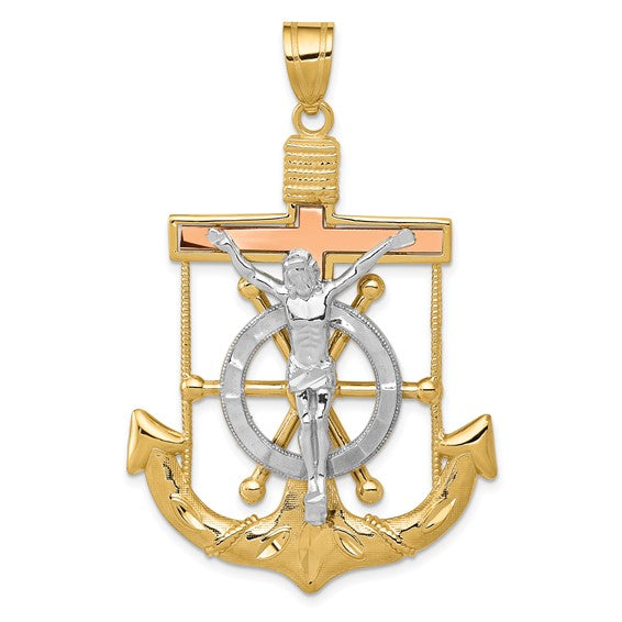 14K Yellow Rose White  Gold Tri Color Mariner Anchor Crucifix Cross Anchor Pendant Charm