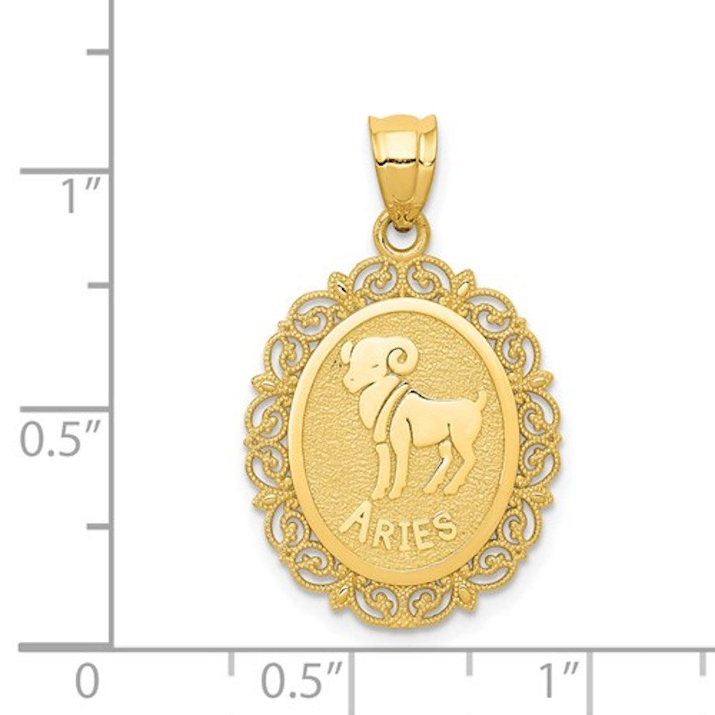14k Yellow Gold Aries Zodiac Horoscope Oval Pendant Charm - [cklinternational]