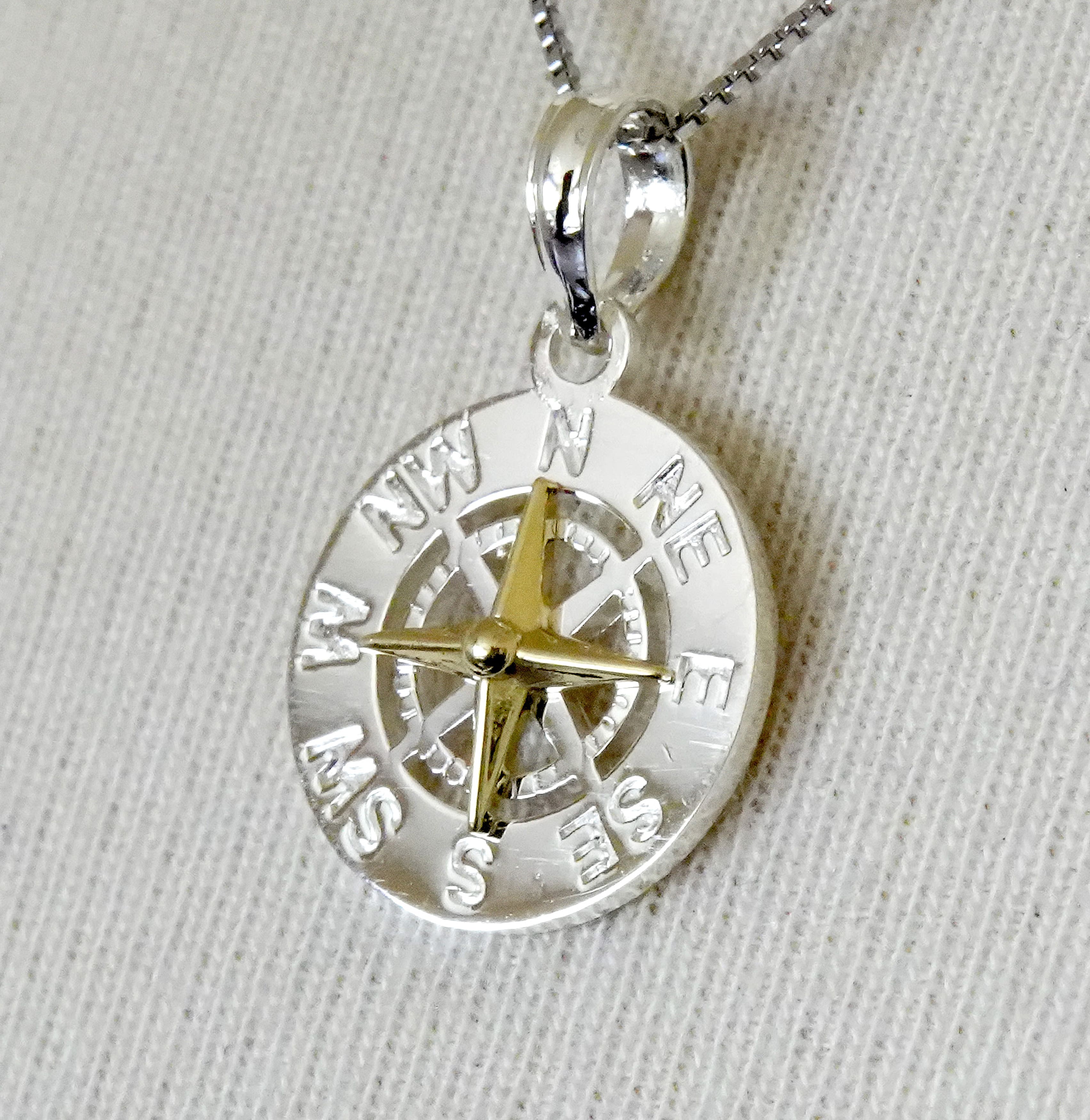 Sterling Silver and 14k Yellow Gold Nautical Compass Medallion Small Pendant Charm