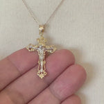 Load and play video in Gallery viewer, 14k Gold Two Tone Crucifix Cross Fleur De Lis Pendant Charm
