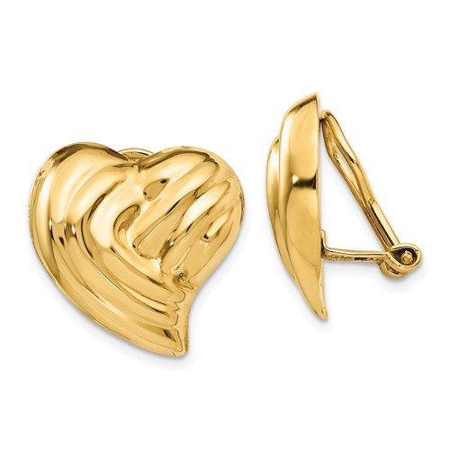 14k Yellow Gold Non Pierced Clip On Heart Omega Back Earrings