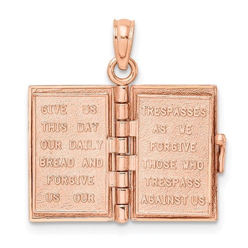 14K Rose Gold Holy Bible Lord's Prayer Book 3D Pendant Charm