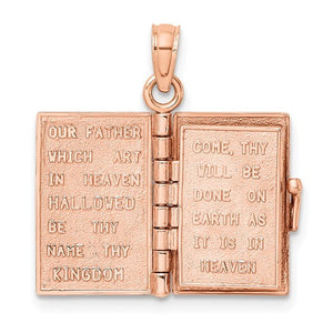 14K Rose Gold Holy Bible Lord's Prayer Book 3D Pendant Charm