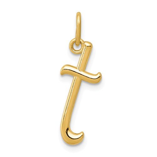 10K Yellow Gold Initial Letter T Script Cursive Alphabet Pendant