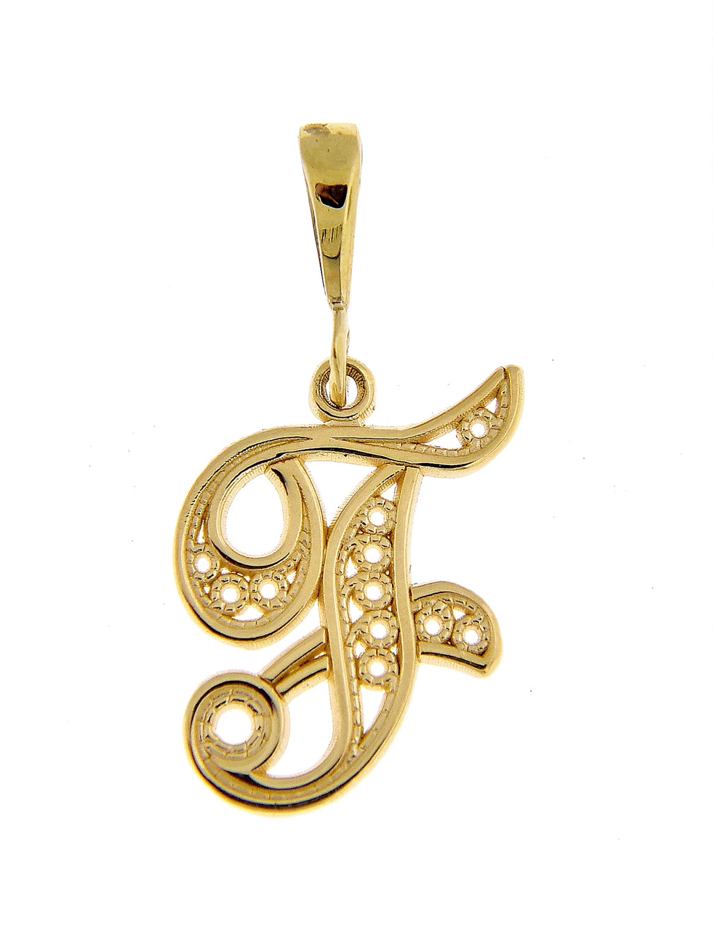 14k yellow gold initial letter f cursive script alphabet filigree pendant charm