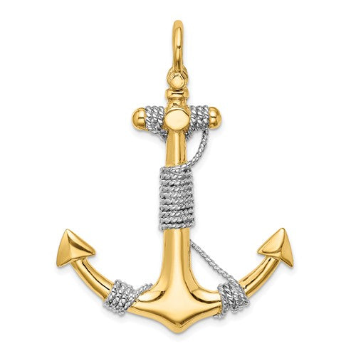 14k Yellow 14k White Gold Two Tone Anchor Rope 3D Large Pendant Charm