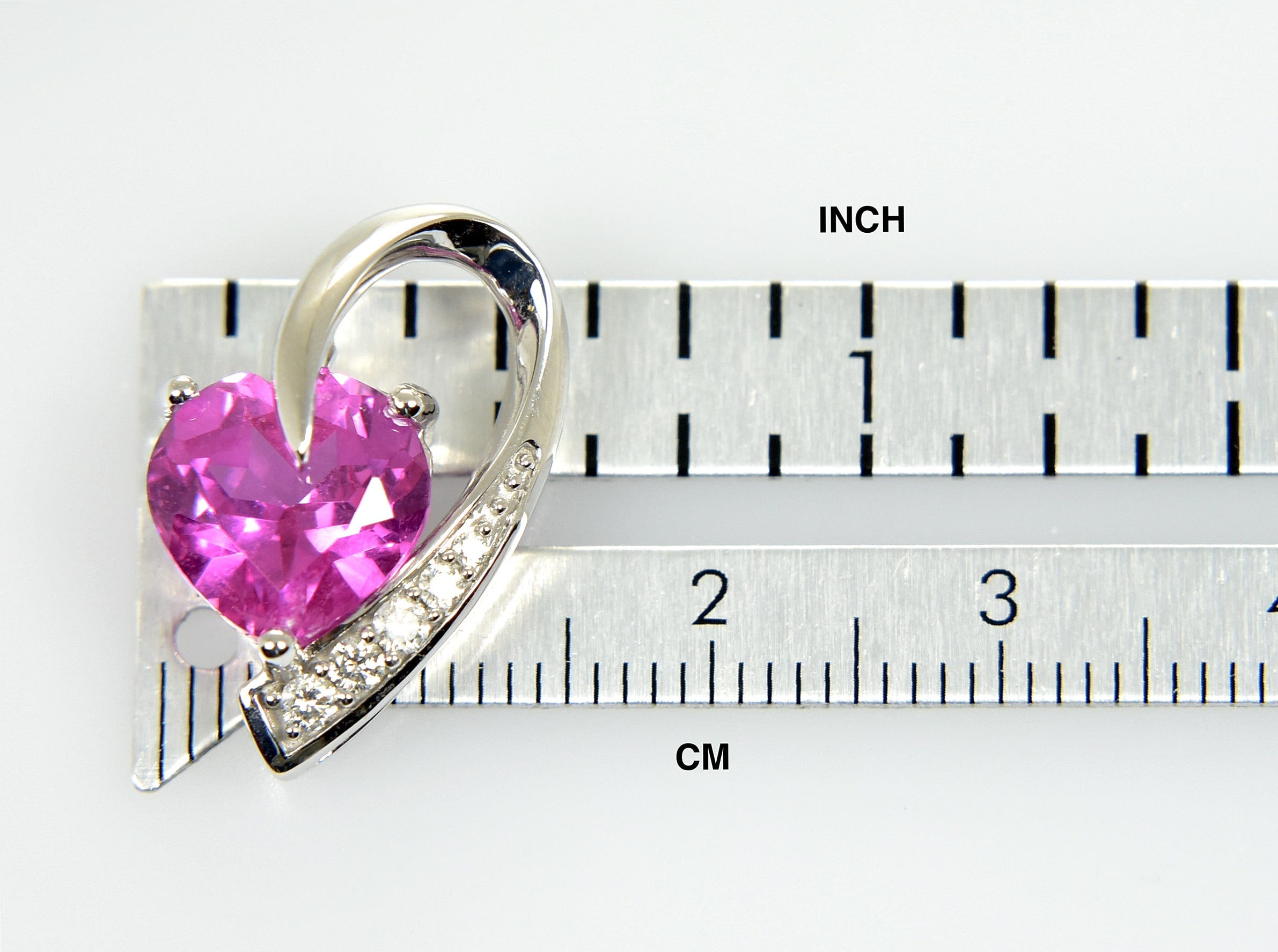 14k White Gold Lab Created Pink Sapphire with Genuine Diamond Chain Slide Pendant Charm
