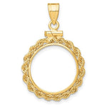 Carregar imagem no visualizador da galeria, 14K Yellow Gold Holds 16mm Coins 1/10 oz Maple Leaf 1/10 oz Philharmonic 1/10 oz Australian Nugget 1/10 oz Kangaroo Coin Holder Rope Bezel Screw Top Pendant Charm
