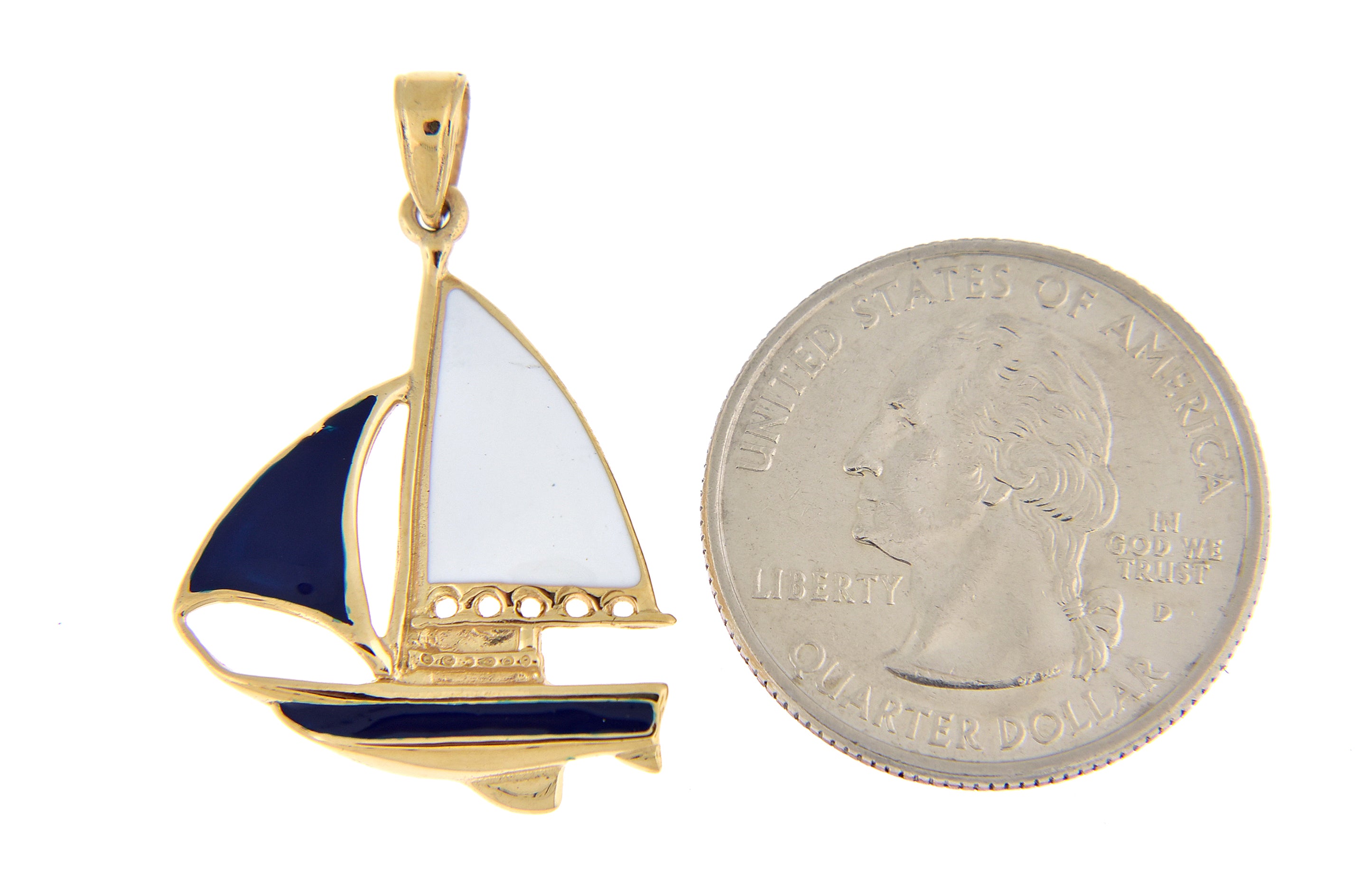 14k yellow gold enamel blue white sailboat pendant charm