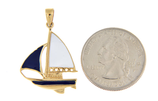 Afbeelding in Gallery-weergave laden, 14k yellow gold enamel blue white sailboat pendant charm